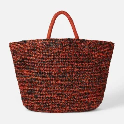 Tasche aus Bast in Schwarz und Orange mit Stickerei vorne