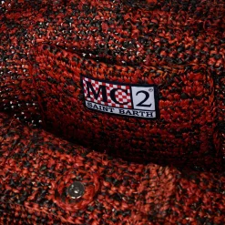 Tasche aus Bast in Schwarz und Orange mit Stickerei vorne