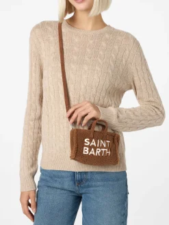 Telefontasche aus braunem Teddystoff mit Saint Barth-Logostickerei