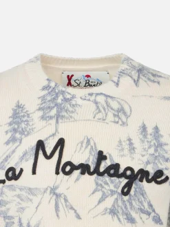 Toile de Jouy-Pullover für Jungen mit Rundhalsausschnitt und La Montagne-Stickerei