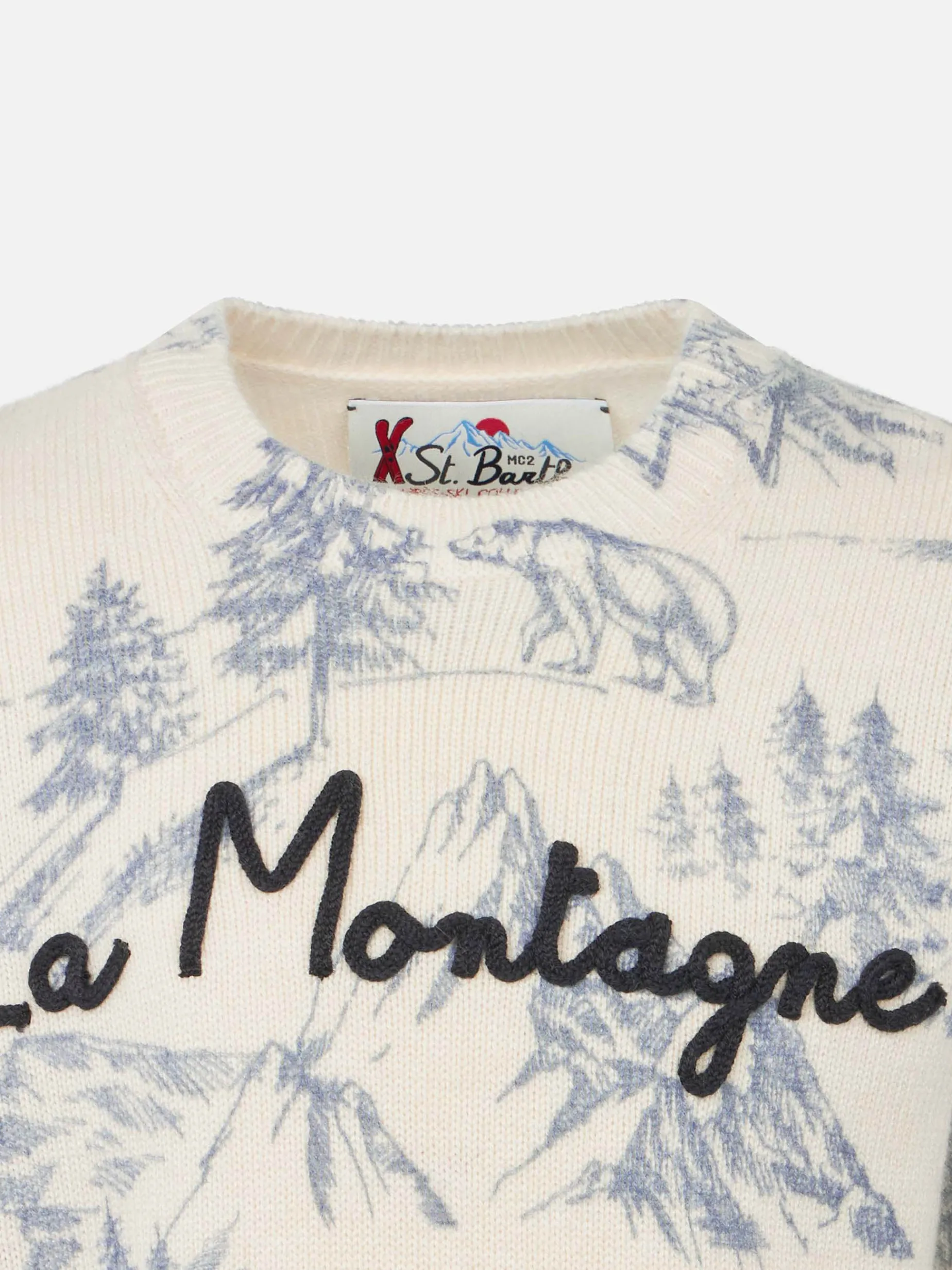 Toile de Jouy-Pullover für Jungen mit Rundhalsausschnitt und La Montagne-Stickerei
