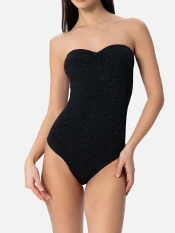 Trägerloser Damen-Badeanzug Soleil aus schwarzem Lurex