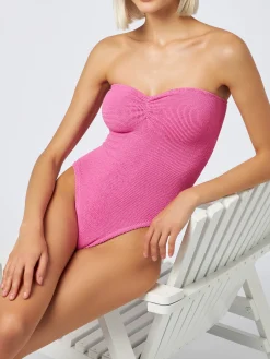 Trägerloser Damen-Badeanzug Soleil aus fuchsiafarbenem Lurex