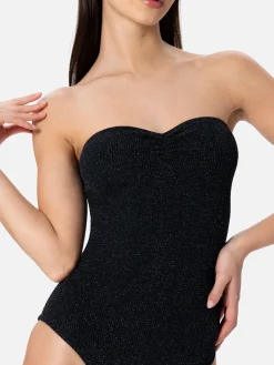 Trägerloser Damen-Badeanzug Soleil aus schwarzem Lurex