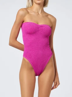 Trägerloser Damen-Badeanzug Soleil aus fuchsiafarbenem Lurex
