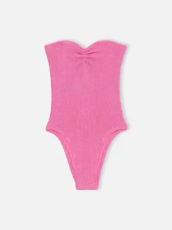 Trägerloser Damen-Badeanzug Soleil aus fuchsiafarbenem Lurex