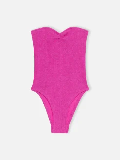 Trägerloser Damen-Badeanzug Soleil aus fuchsiafarbenem Lurex