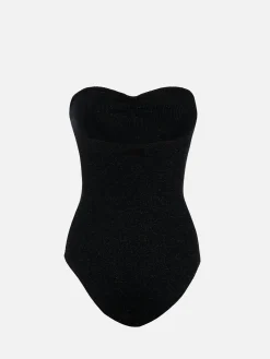 Trägerloser Damen-Badeanzug Soleil aus schwarzem Lurex