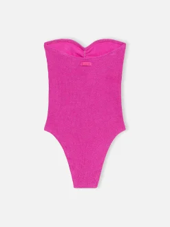 Trägerloser Damen-Badeanzug Soleil aus fuchsiafarbenem Lurex