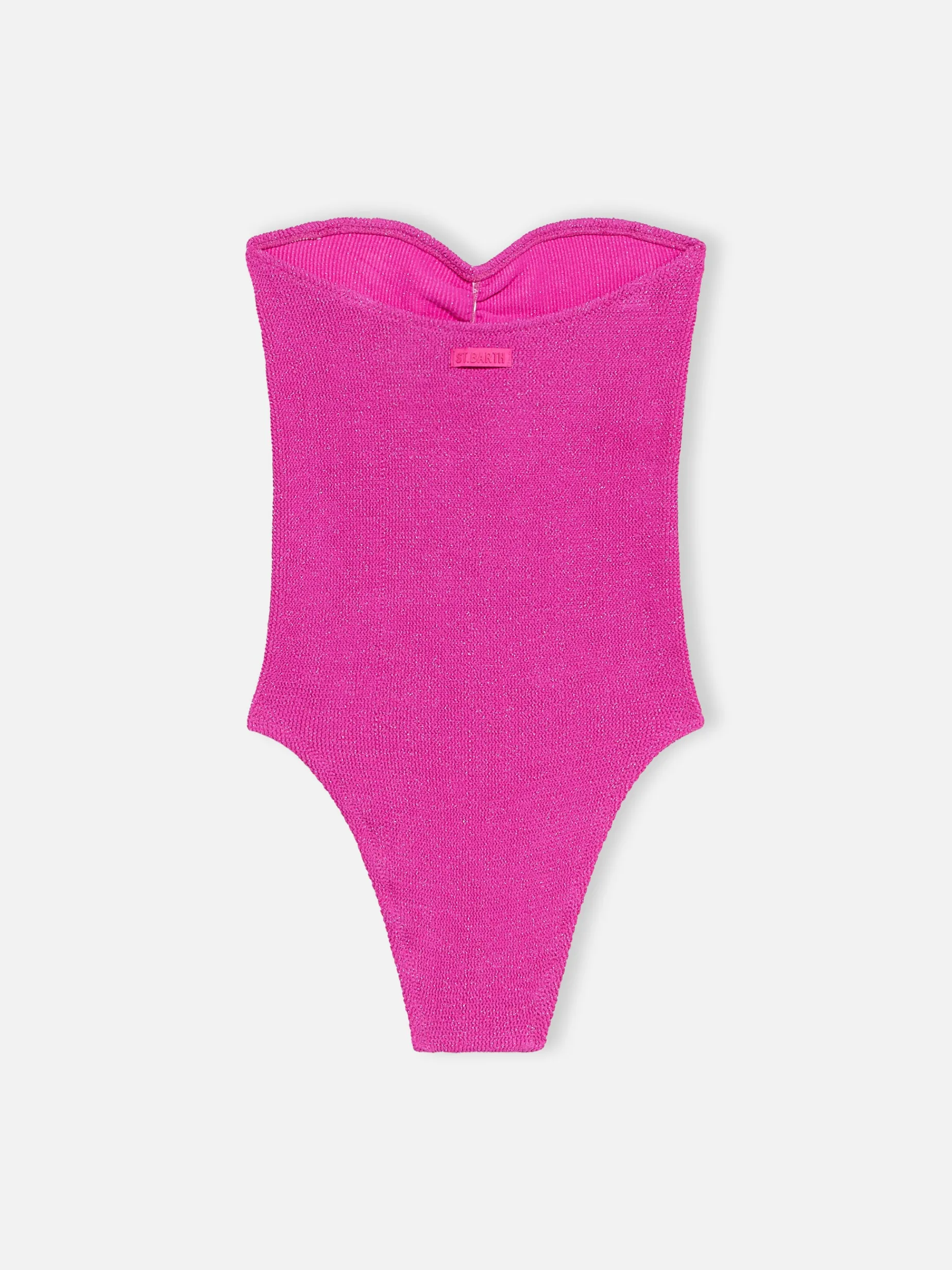 Trägerloser Damen-Badeanzug Soleil aus fuchsiafarbenem Lurex