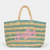 Türkis gestreifte Raffia-Strandtasche mit Baumwollbeutel