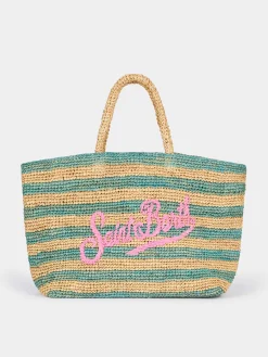 Türkis gestreifte Raffia-Strandtasche mit Baumwollbeutel