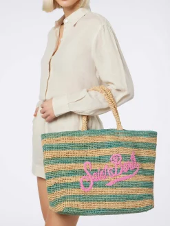 Türkis gestreifte Raffia-Strandtasche mit Baumwollbeutel