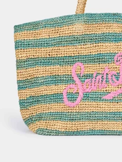 Türkis gestreifte Raffia-Strandtasche mit Baumwollbeutel