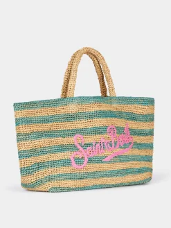 Türkis gestreifte Raffia-Strandtasche mit Baumwollbeutel