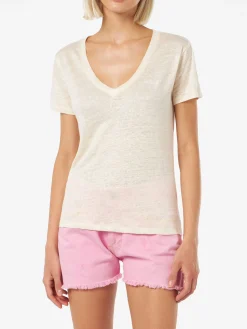 T-Shirt Eloise aus cremefarbenem Leinenjersey mit V-Ausschnitt