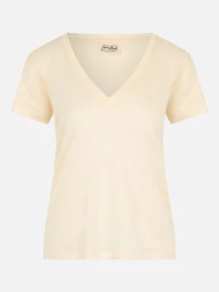 T-Shirt Eloise aus cremefarbenem Leinenjersey mit V-Ausschnitt