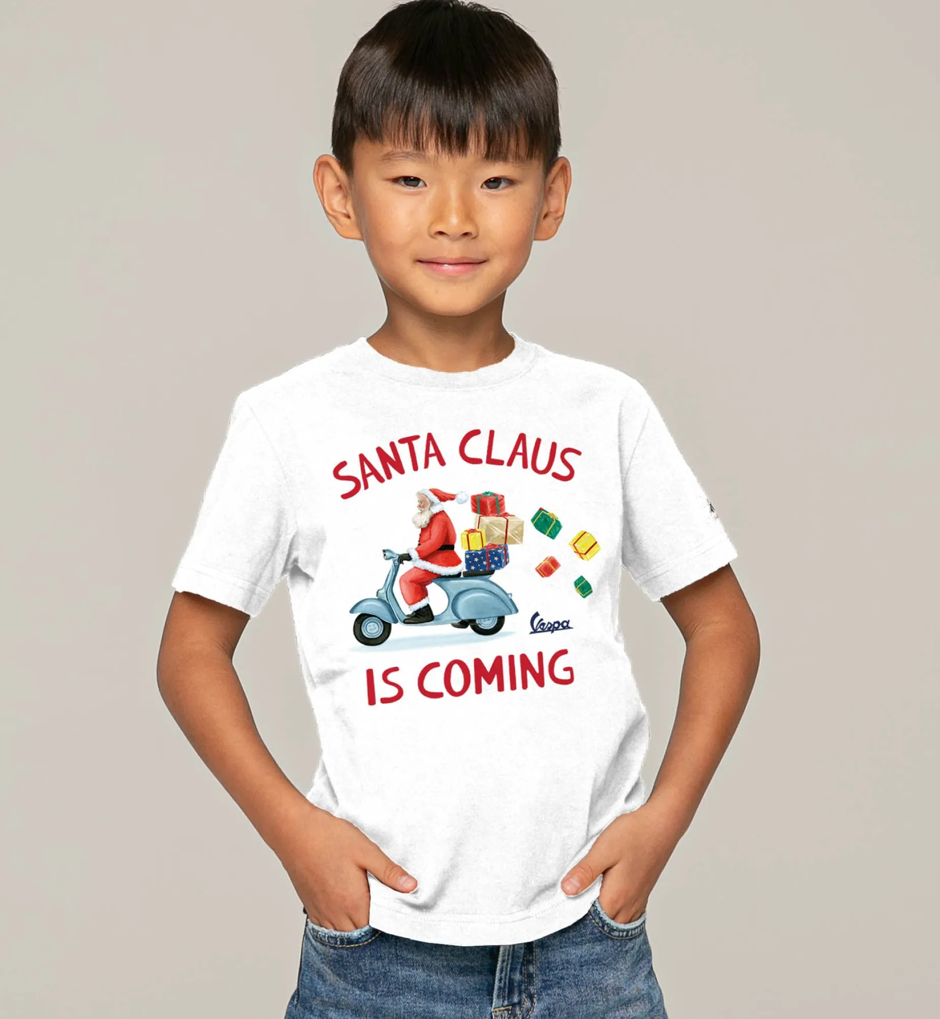 T-Shirt für Jungen, weiß, Aufdruck „Santa Claus is coming“ – Vespa Special Edition ®