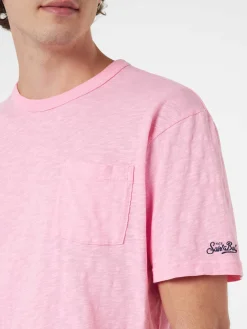 T-Shirt „Präsident“ aus rosa geflammter Baumwolle für Herren mit Stickerei