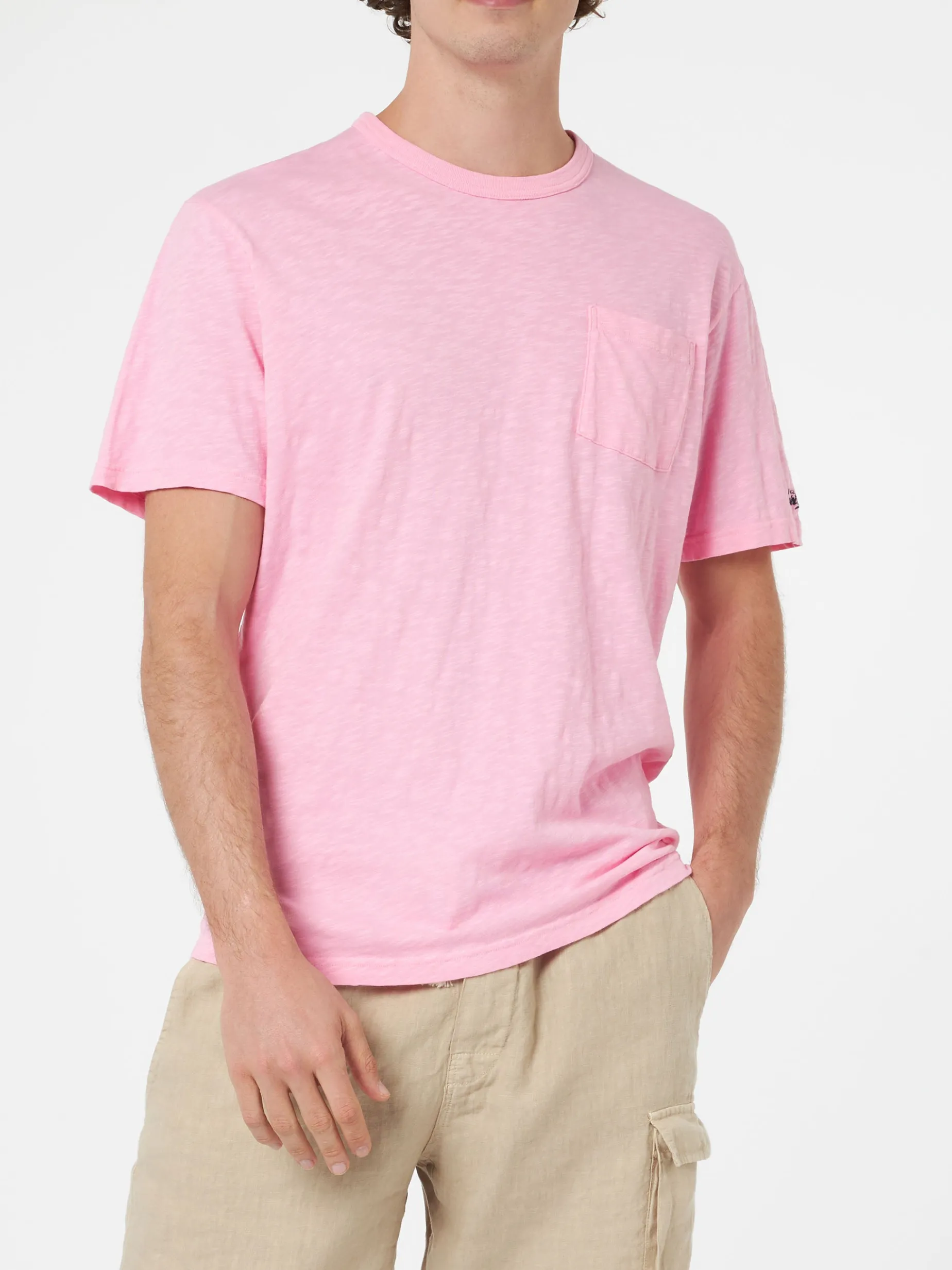 T-Shirt „Präsident“ aus rosa geflammter Baumwolle für Herren mit Stickerei