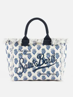 Vanity-Einkaufstasche aus Baumwollcanvas mit Indigo-Blumenmuster