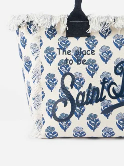 Vanity-Einkaufstasche aus Baumwollcanvas mit Indigo-Blumenmuster