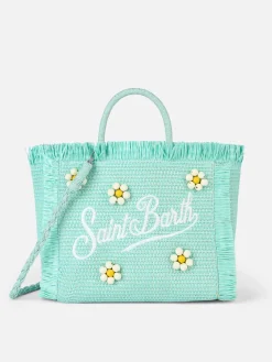 Wassergrüne Colette Strohhandtasche mit Blumenholzperlenverzierung