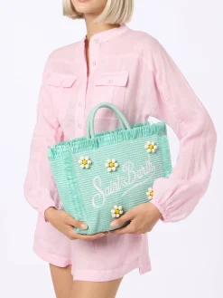 Wassergrüne Colette Strohhandtasche mit Blumenholzperlenverzierung