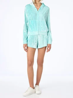 Wassergrüner Kapuzenpullover aus Chenille mit Reißverschluss für Damen Jasmine