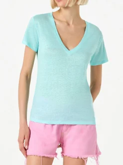 Wassergrünes Damen-T-Shirt aus Leinen