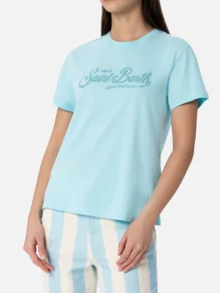 Wassergrünes Damen-T-Shirt Emilie aus Baumwolljersey mit Rundhalsausschnitt und Strasssteinen
