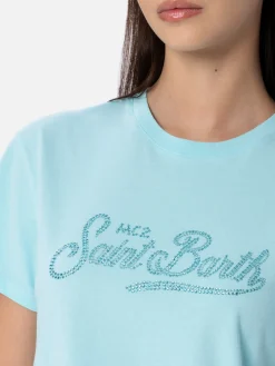 Wassergrünes Damen-T-Shirt Emilie aus Baumwolljersey mit Rundhalsausschnitt und Strasssteinen