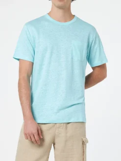 Wassergrünes Herren-T-Shirt aus Leinenjersey Ecstasea mit Tasche