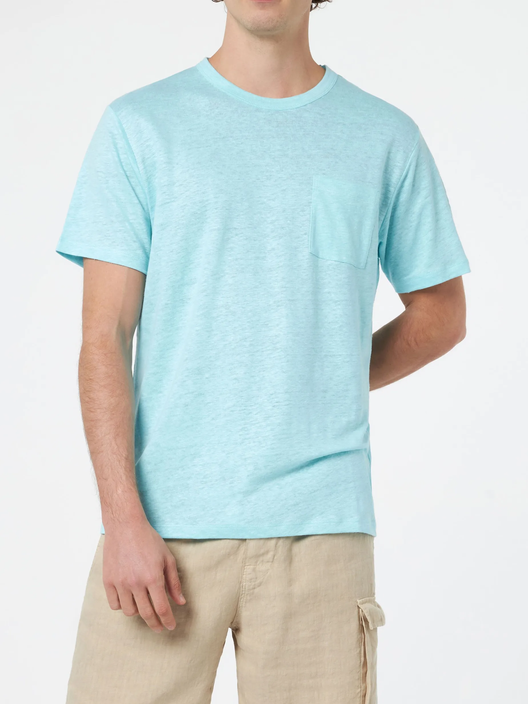 Wassergrünes Herren-T-Shirt aus Leinenjersey Ecstasea mit Tasche