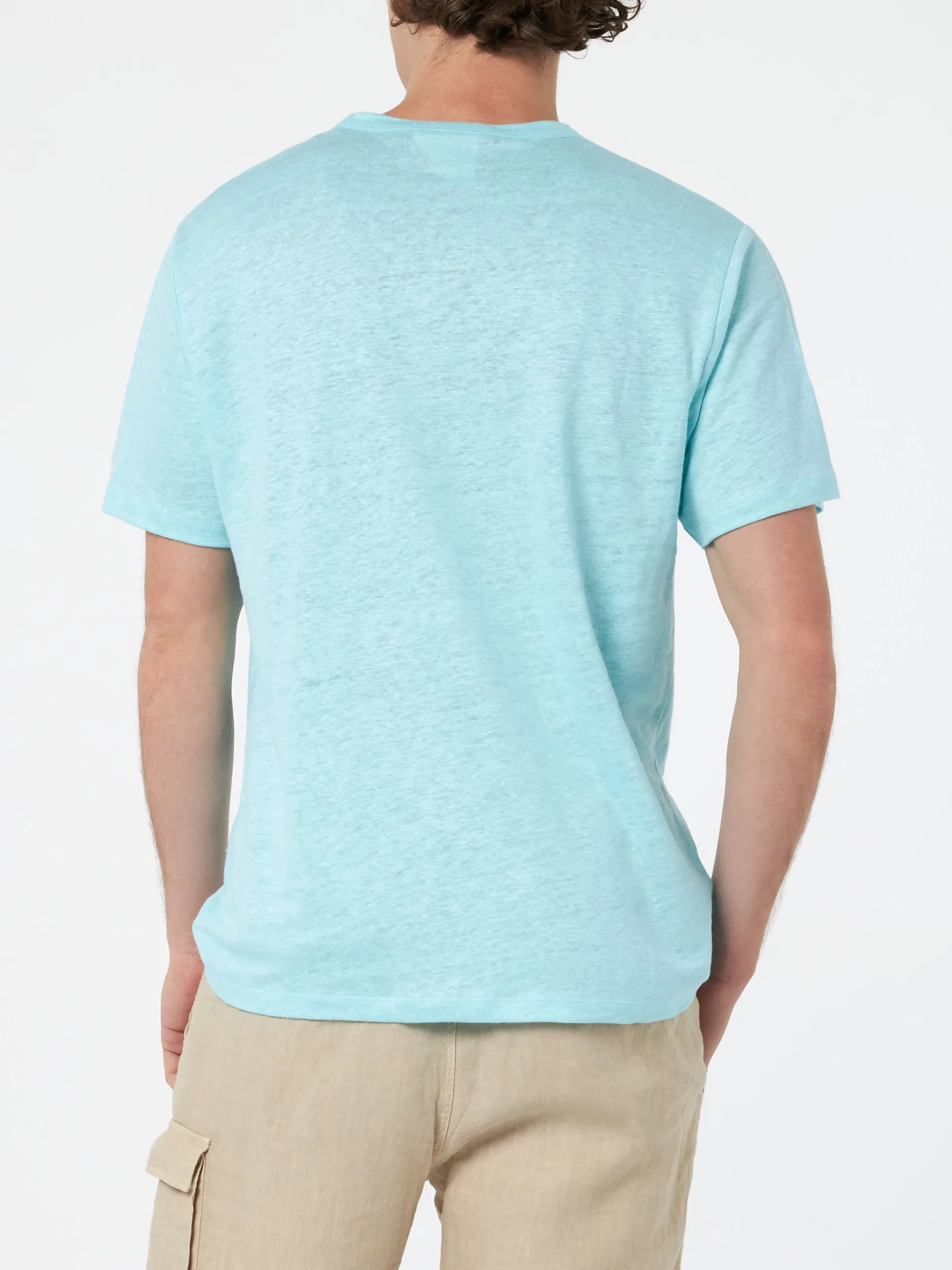 Wassergrünes Herren-T-Shirt aus Leinenjersey Ecstasea mit Tasche