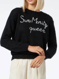 Weicher Damenpullover mit Rundhalsausschnitt und Sun Moritz Queen-Stickerei