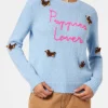 Weicher Damenpullover mit Rundhalsausschnitt, Häkelaufnäher mit Hunden und Stickerei „Puppies Lover“.