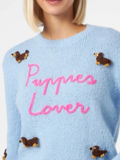 Weicher Damenpullover mit Rundhalsausschnitt, Häkelaufnäher mit Hunden und Stickerei „Puppies Lover“.