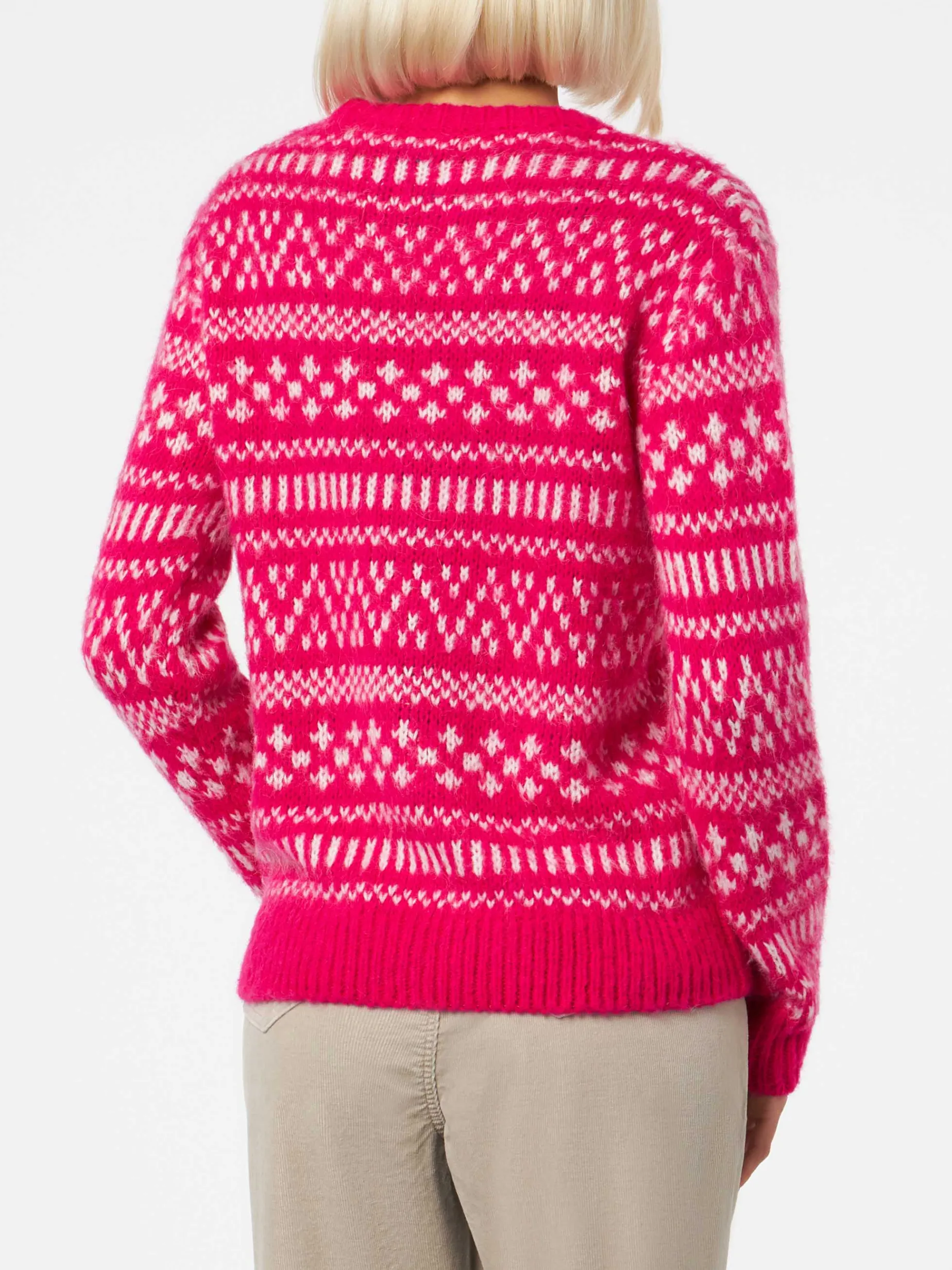 Weicher Damenpullover mit Rundhalsausschnitt, Fair-Isle-Print und Queen of Chalet-Stickerei