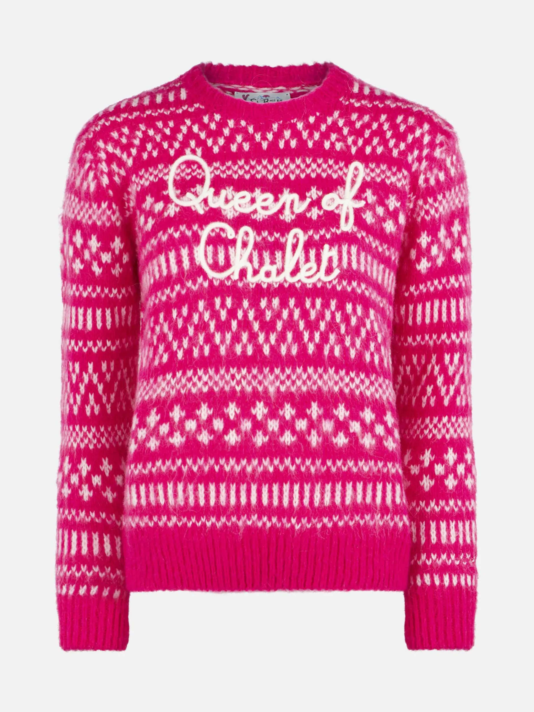 Weicher Damenpullover mit Rundhalsausschnitt, Fair-Isle-Print und Queen of Chalet-Stickerei