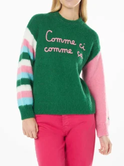 Weicher, kastenförmiger Damenpullover mit „Comme ci comme ça“-Stickerei