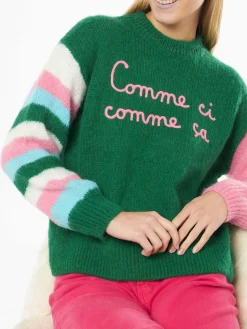 Weicher, kastenförmiger Damenpullover mit „Comme ci comme ça“-Stickerei