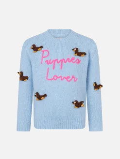 Weicher Pullover für Mädchen mit Rundhalsausschnitt, Häkelaufnäher mit Hunden und Stickerei „Puppies Lover“.