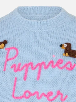 Weicher Pullover für Mädchen mit Rundhalsausschnitt, Häkelaufnäher mit Hunden und Stickerei „Puppies Lover“.