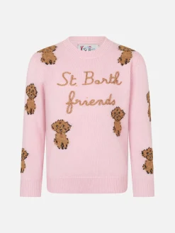 Weicher Rippstrickpullover für Mädchen mit Rundhalsausschnitt und St. Barth Friend-Stickerei