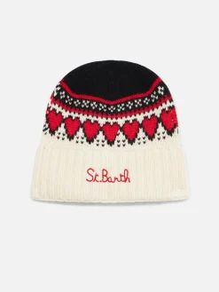 Weiße Damenmütze mit Fair-Isle-Herzdruck