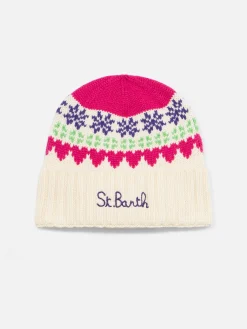 Weiße Damenmütze mit Fair-Isle-Herzdruck