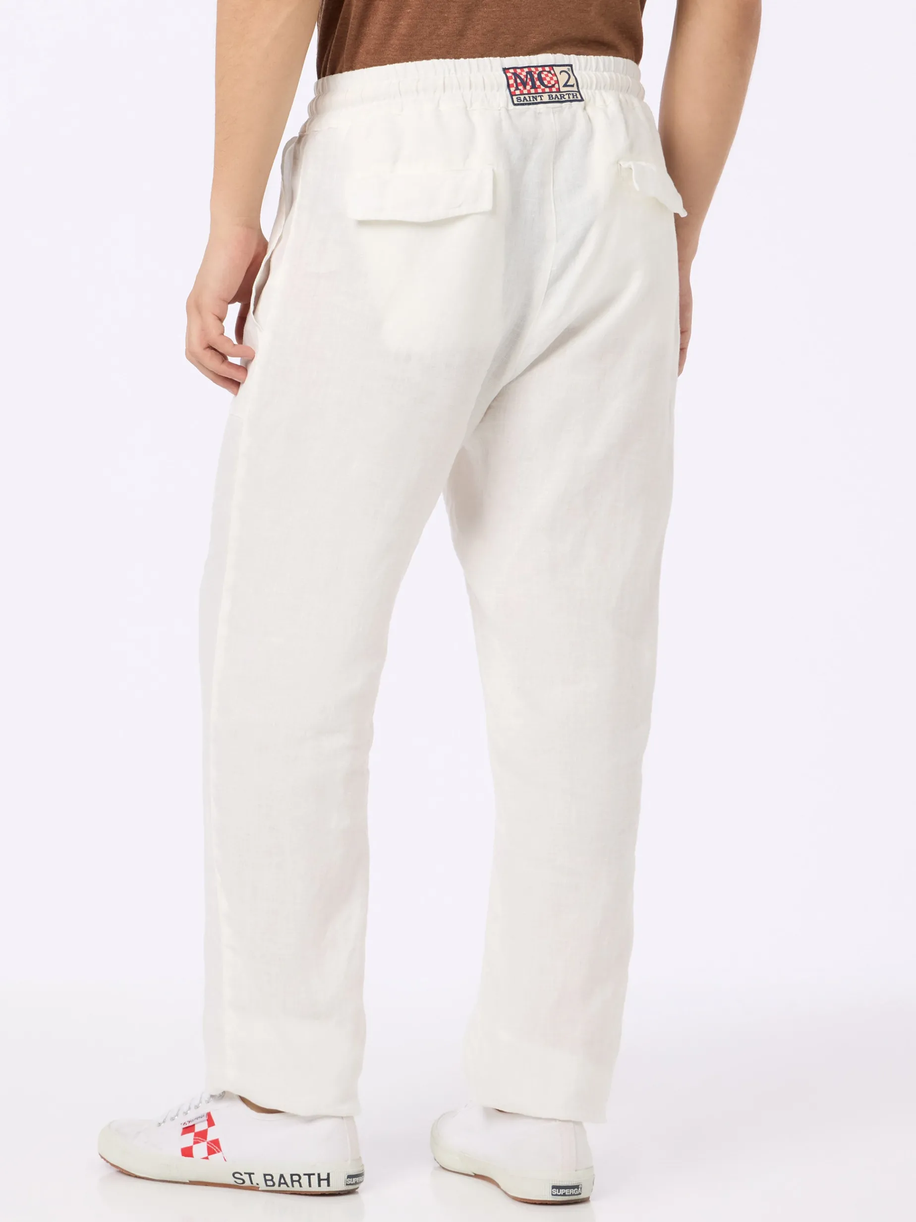 Weiße Herren-Leinen-Calais-Hose mit Kordelzug