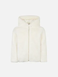 Weiße Pelzjacke für Mädchen mit „I Love St. Barth“-Stickerei