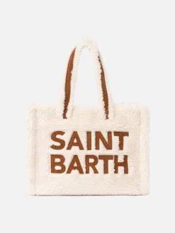 Weiße Soft Bag Small aus Teddyfell mit Saint Barth-Logo und Schultergurt